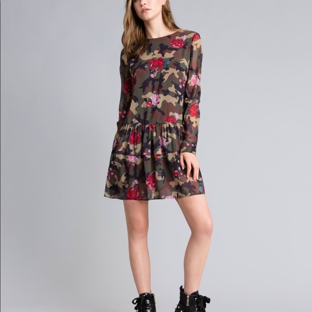 Camouflage and rose print dress